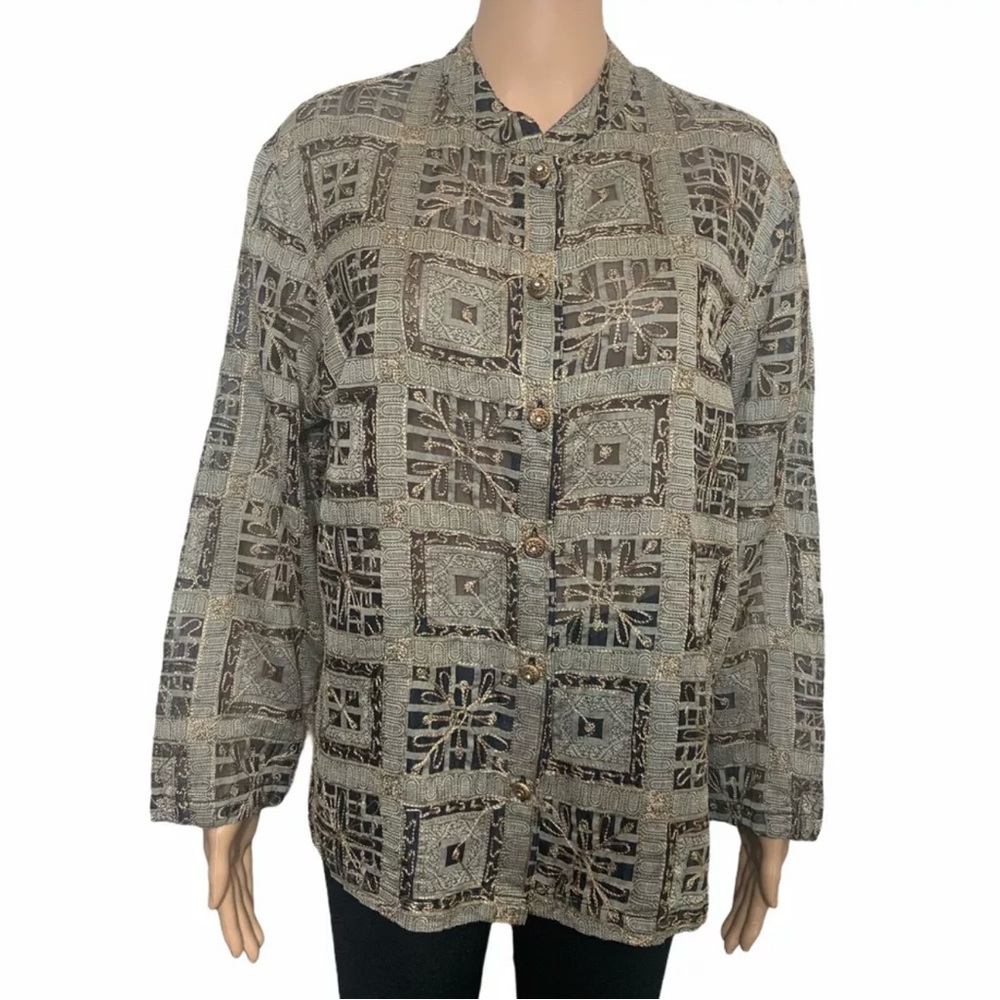 Mirasol Vintage Geometric Print Button-Up Shirt, Long Sleeve, Collared
